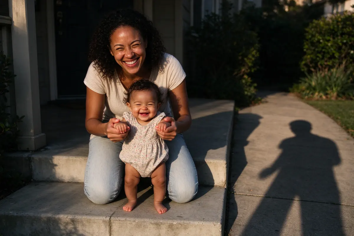 The mother on the front step in evening light with the baby standing between her knees holding her thumbs, both squinting at the camera, the father's shadow long across the path.
