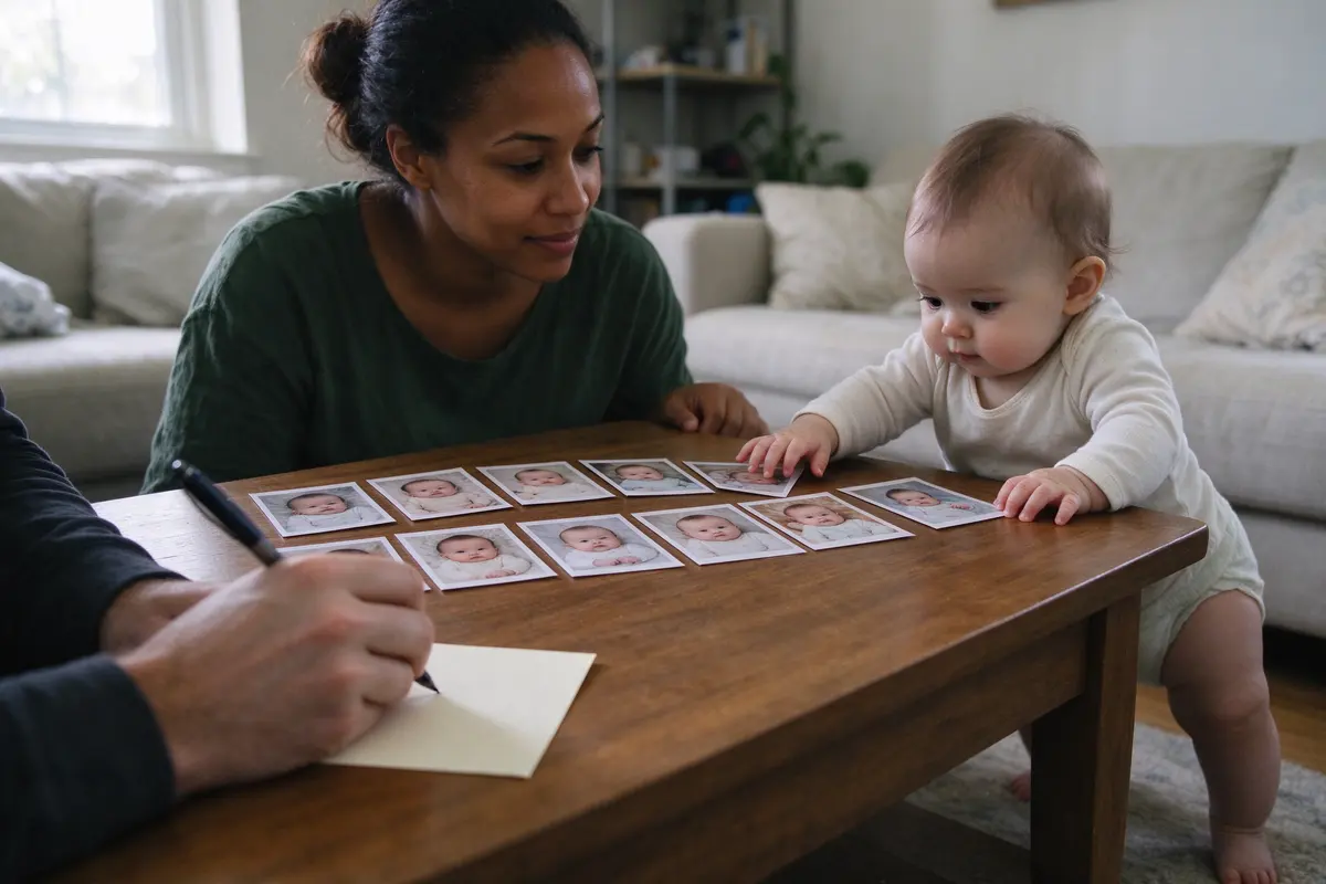 The father's hand writing on a card at the coffee table, ten earlier photos in a row beside it, the baby pulling herself up at the table's far end to reach the nearest one.