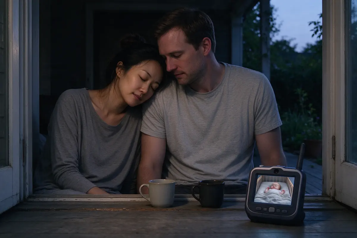 The parents on the back step after bedtime, two mugs between them, her head on his shoulder, the baby monitor on the step showing a sleeping baby on his back in a bare crib.