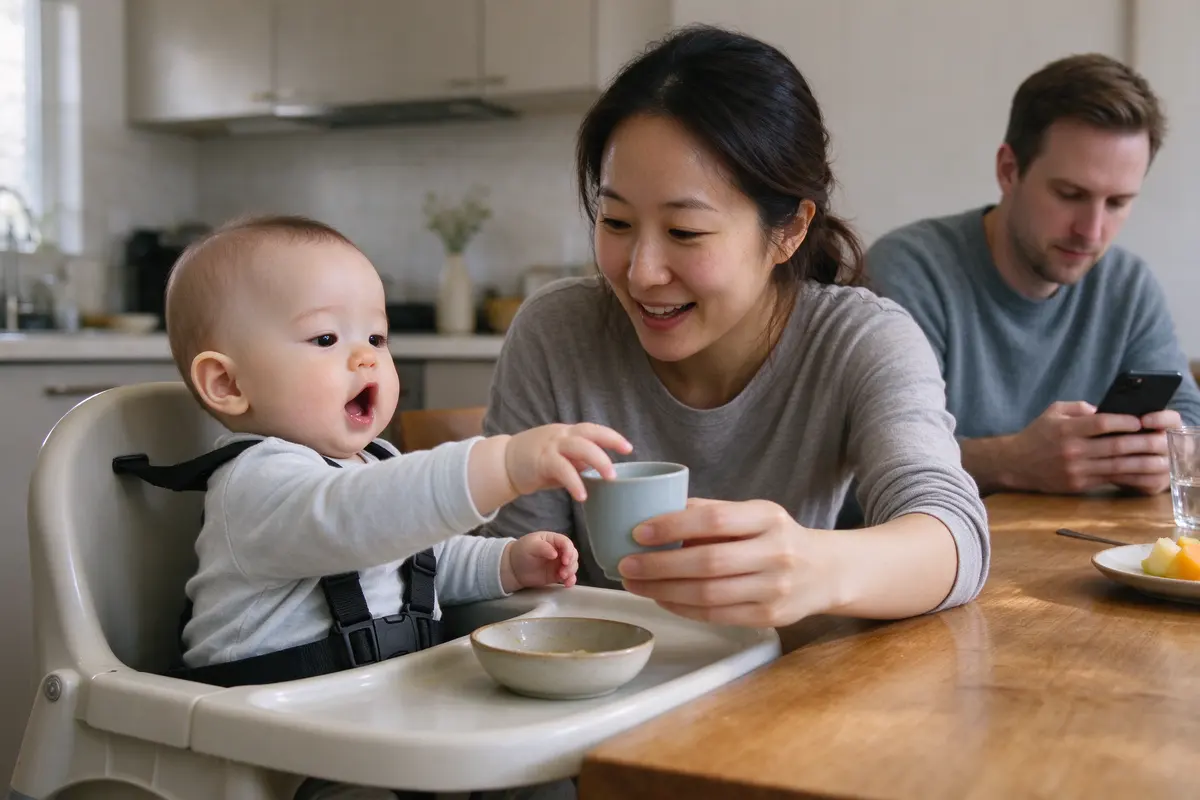 The baby in his high chair, harness on, mouth open mid-sound and reaching for a cup the mother holds just out of reach, the father's phone steady at the table's end.