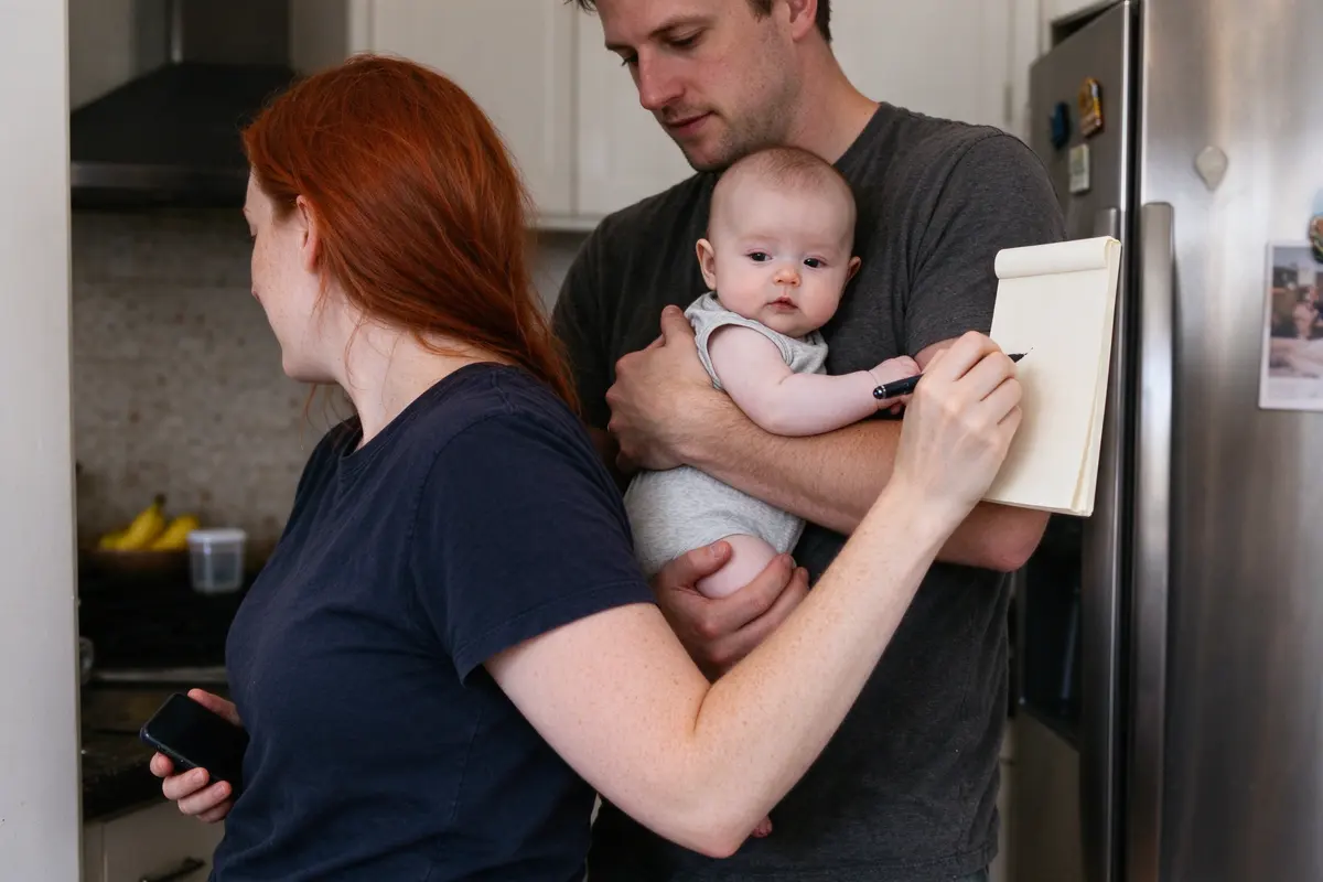 The mother at the kitchen counter writing on a notepad stuck to the fridge, phone in her other hand, the baby in the father's arms behind her, both parents in weekend clothes.