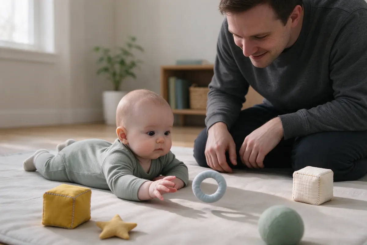The baby on their tummy on a firm play mat, four cloth toys set in a loose circle around them, one arm stretching toward a soft ring just out of reach while the father kneels beside them.