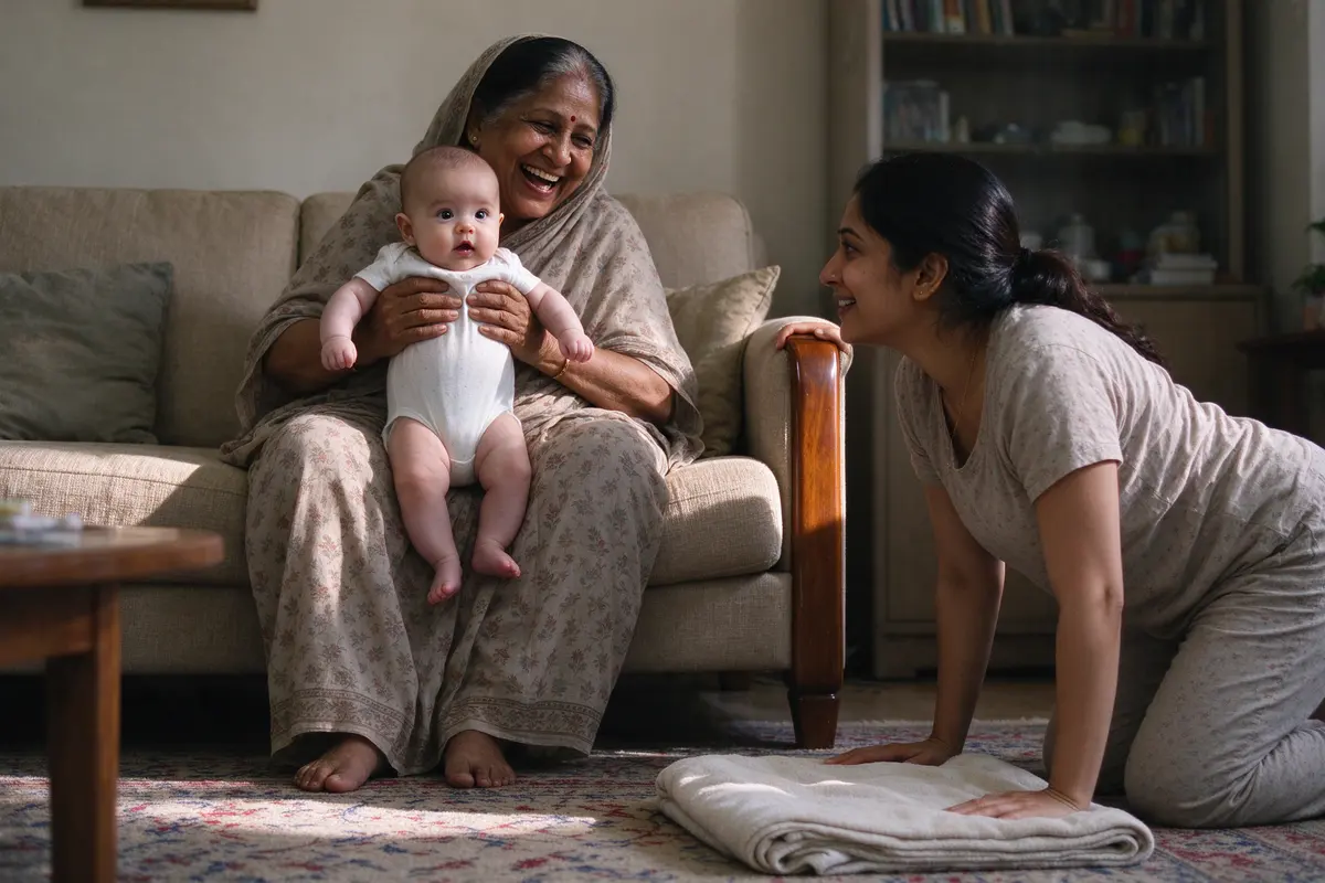The mother pushing up from the floor with one hand on the sofa arm, a folded blanket where her knees were, the grandmother holding the baby upright and laughing at her.