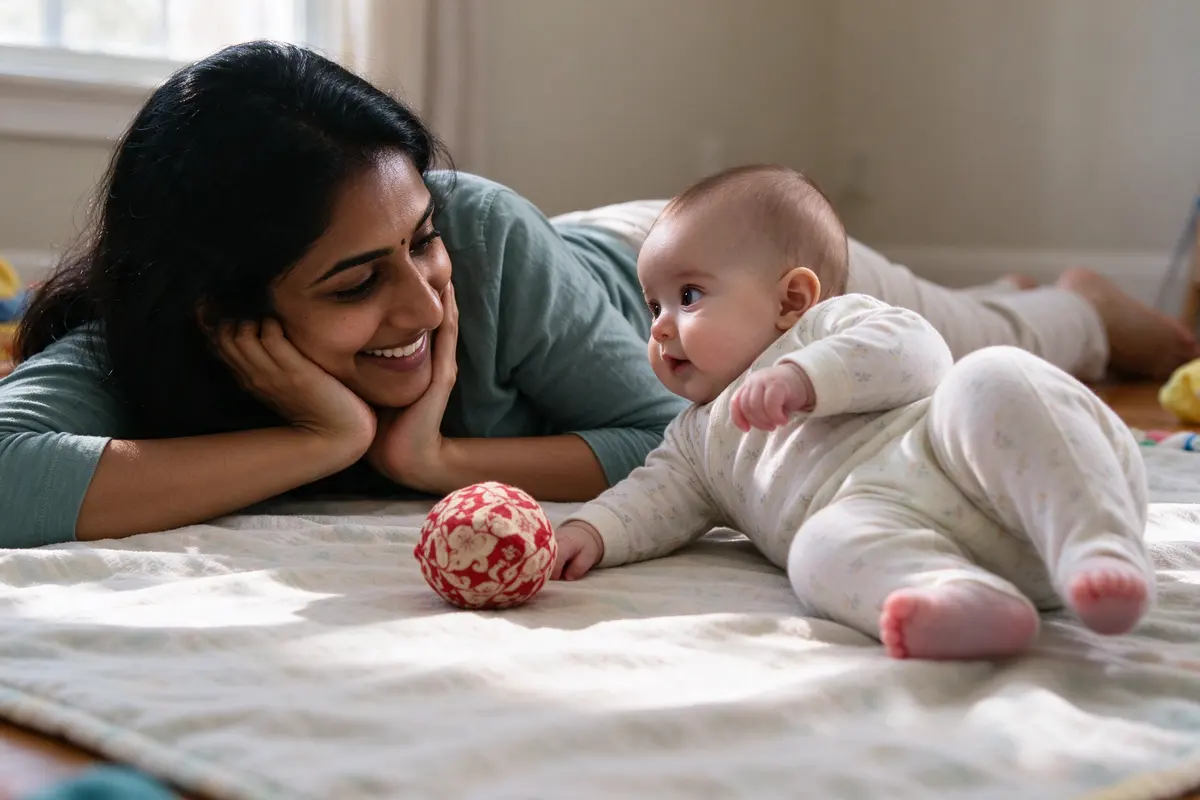 The mother flat on her stomach on the mat, chin on her hands, grinning at the baby, who has tipped onto one hip mid-roll with a cloth ball just out of reach beside them.