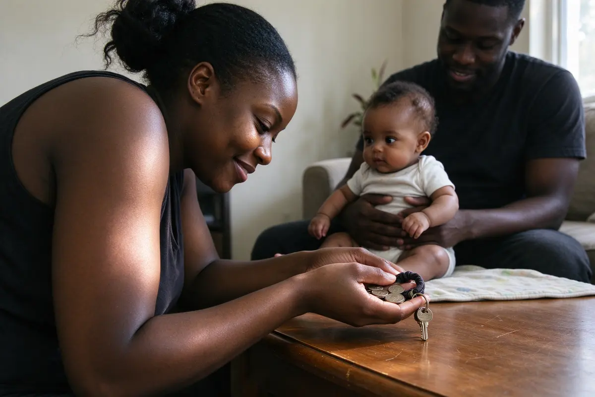 The mother crouched beside a low coffee table sweeping coins, keys, and a hair tie into her palm, the baby on a mat beyond it in the father's lap, late-morning light.