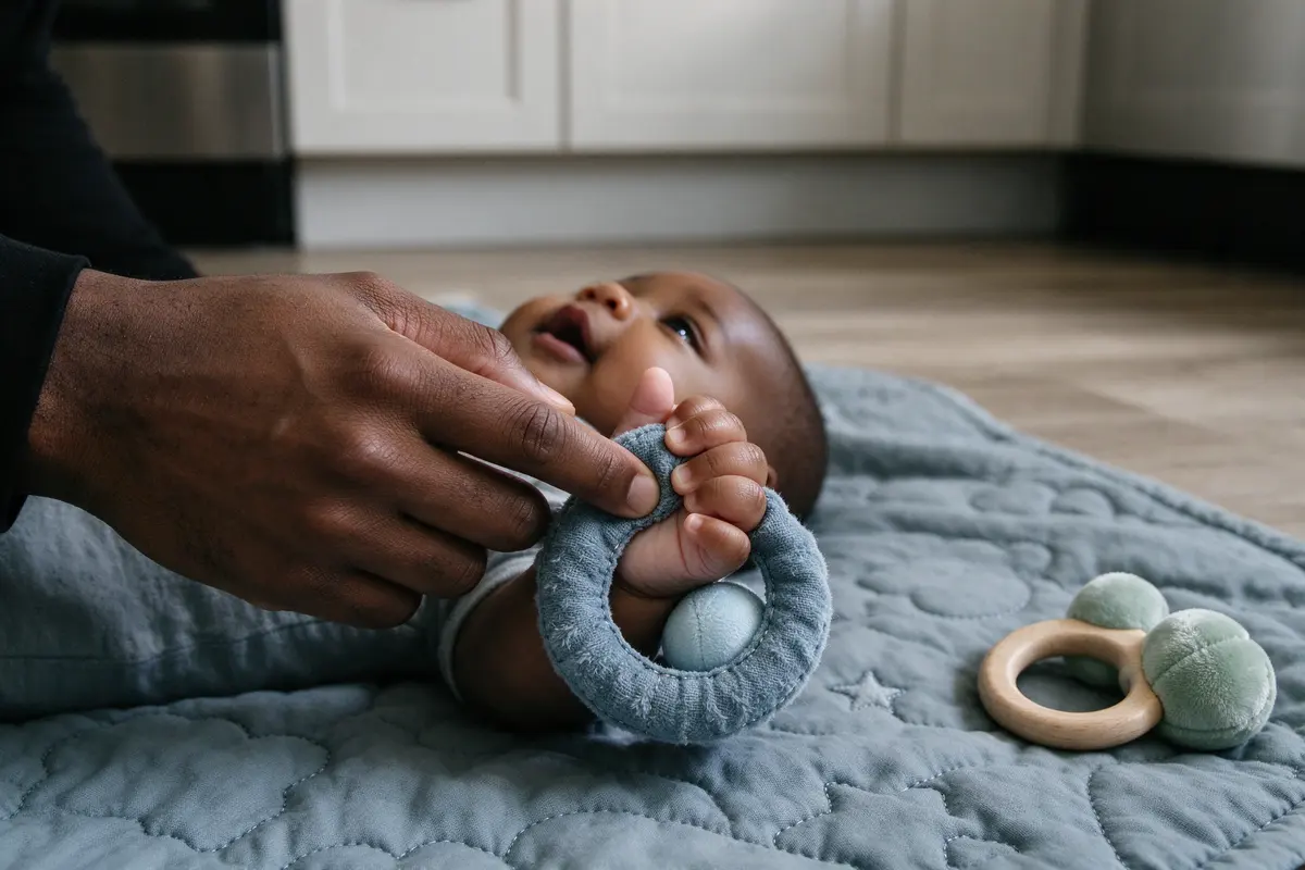 Close on the father's hand touching a soft fabric ring to the baby's open palm, the baby's fingers closing around it, a second rattle waiting on the floor beside them.