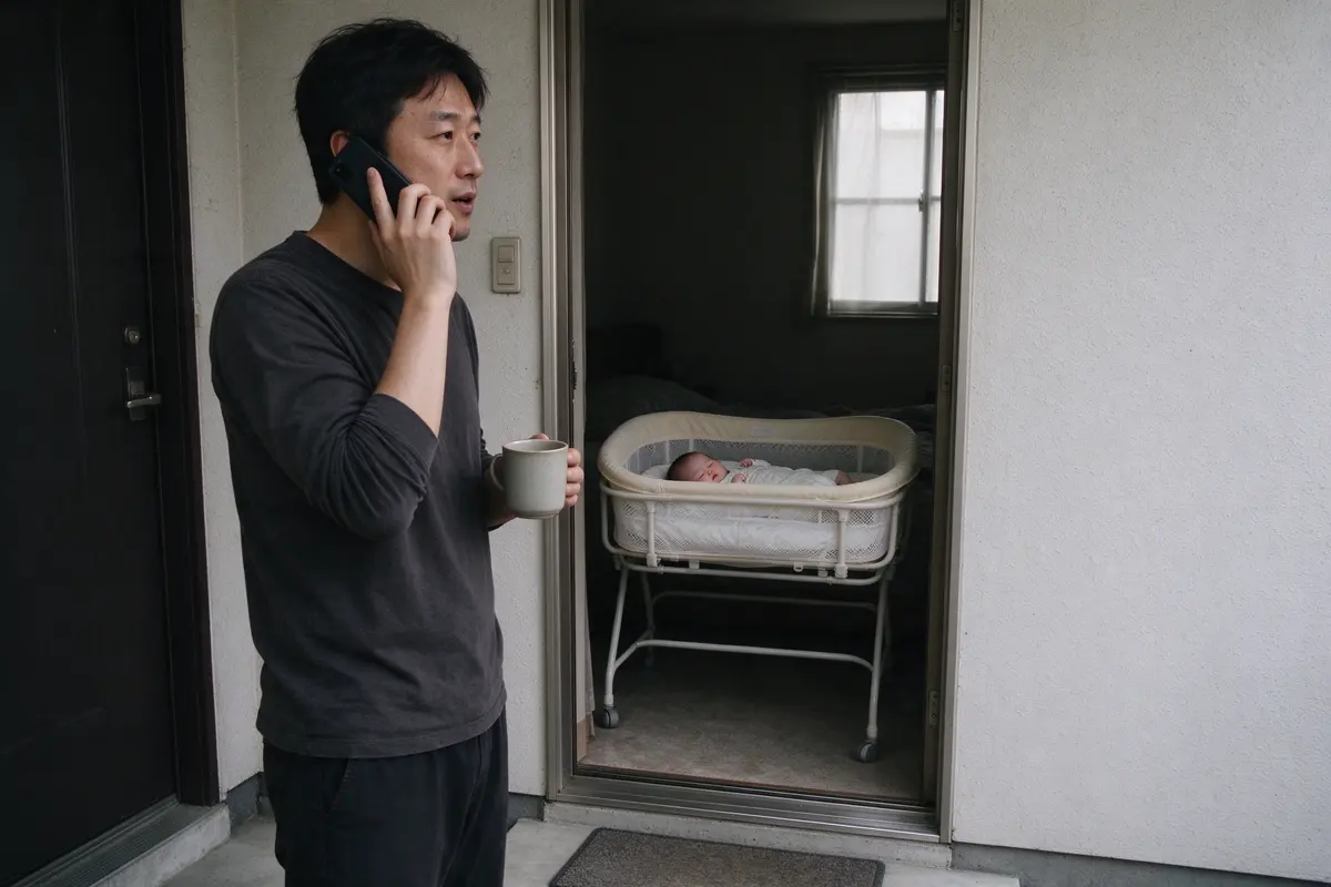 The father on the back step with a mug, phone to his ear mid-conversation, the baby visible through the open door asleep on their back in a bare bassinet inside.