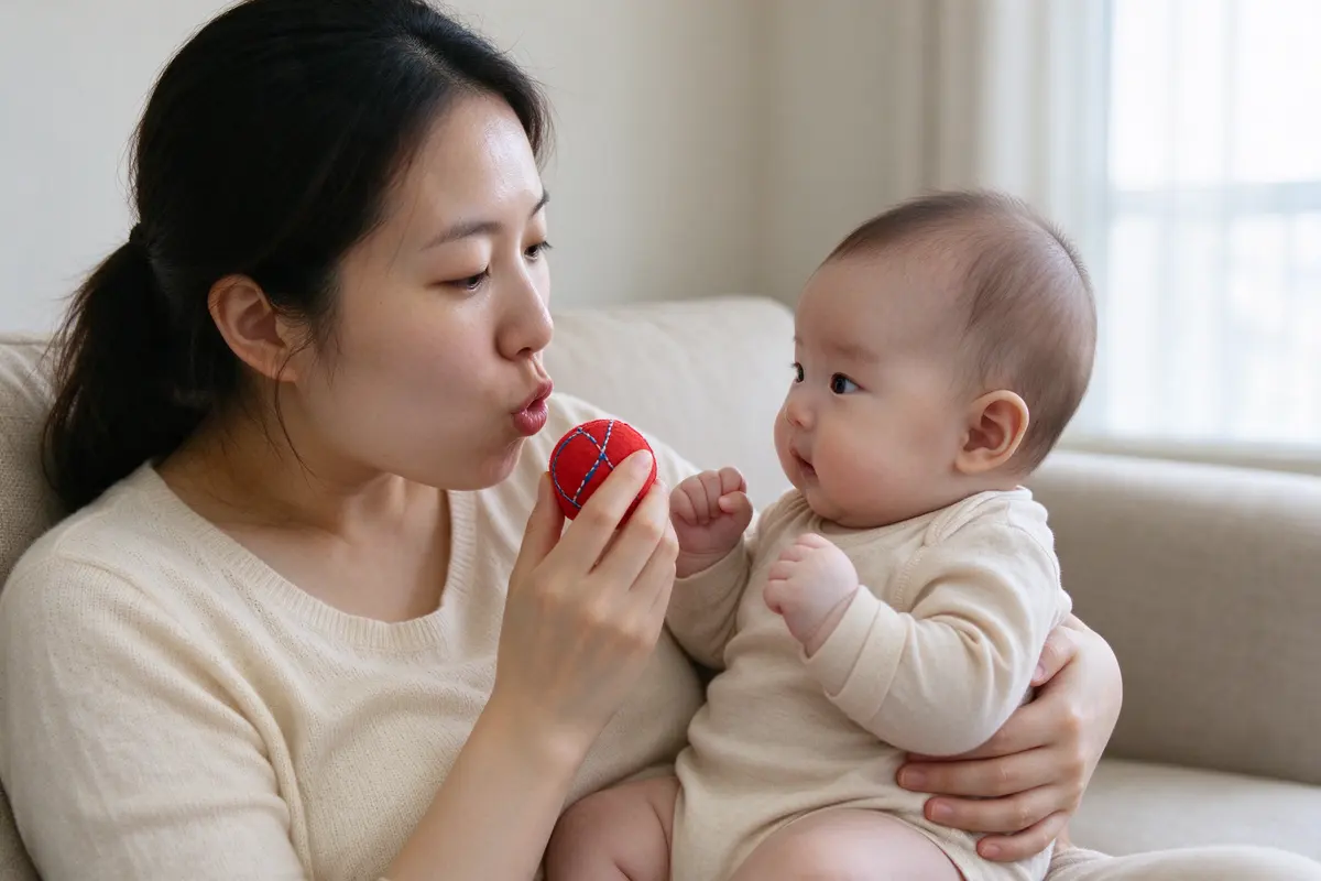 The mother holding a small cloth ball up between their faces, lips shaped for a 'b' sound, the baby staring at her mouth with both fists raised.