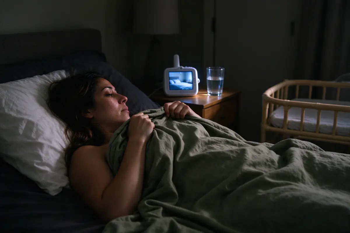 The mother in bed in a dark room pulling the covers up, lamp off, a baby monitor glowing on the nightstand beside a glass of water, a bare bassinet visible by the bed.