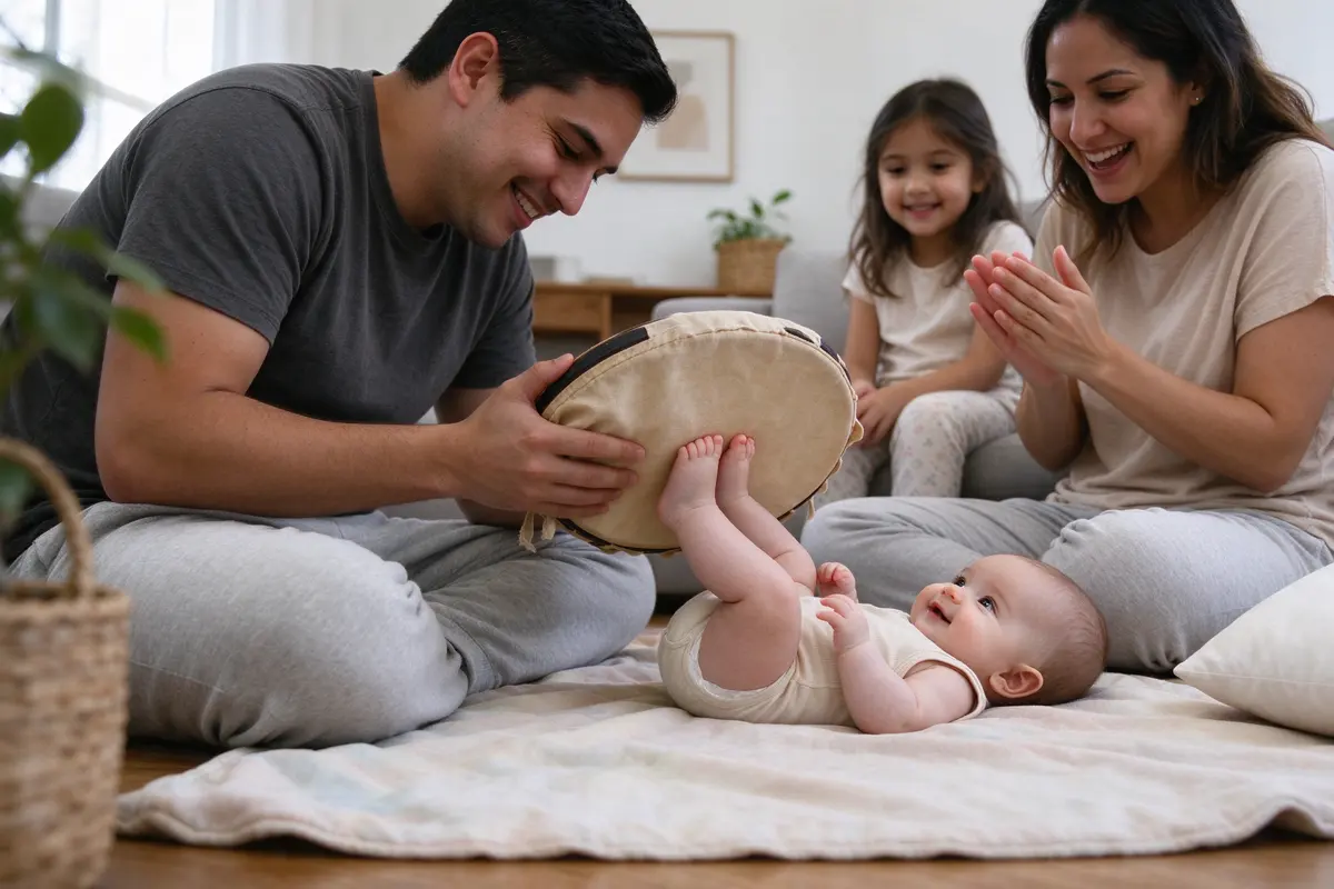 The baby on their back on the mat, both feet pressed into a cloth drum the father holds low, the mother beside them clapping, an older sister watching from the sofa.