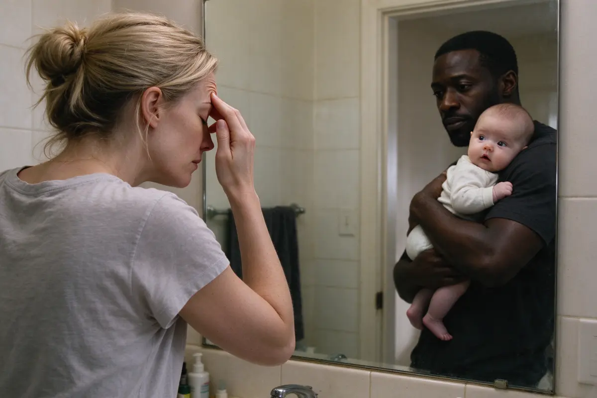 The mother at a bathroom mirror pressing fingertips to her temple with her eyes closed, the father in the doorway behind her with the baby on his shoulder, watching her.