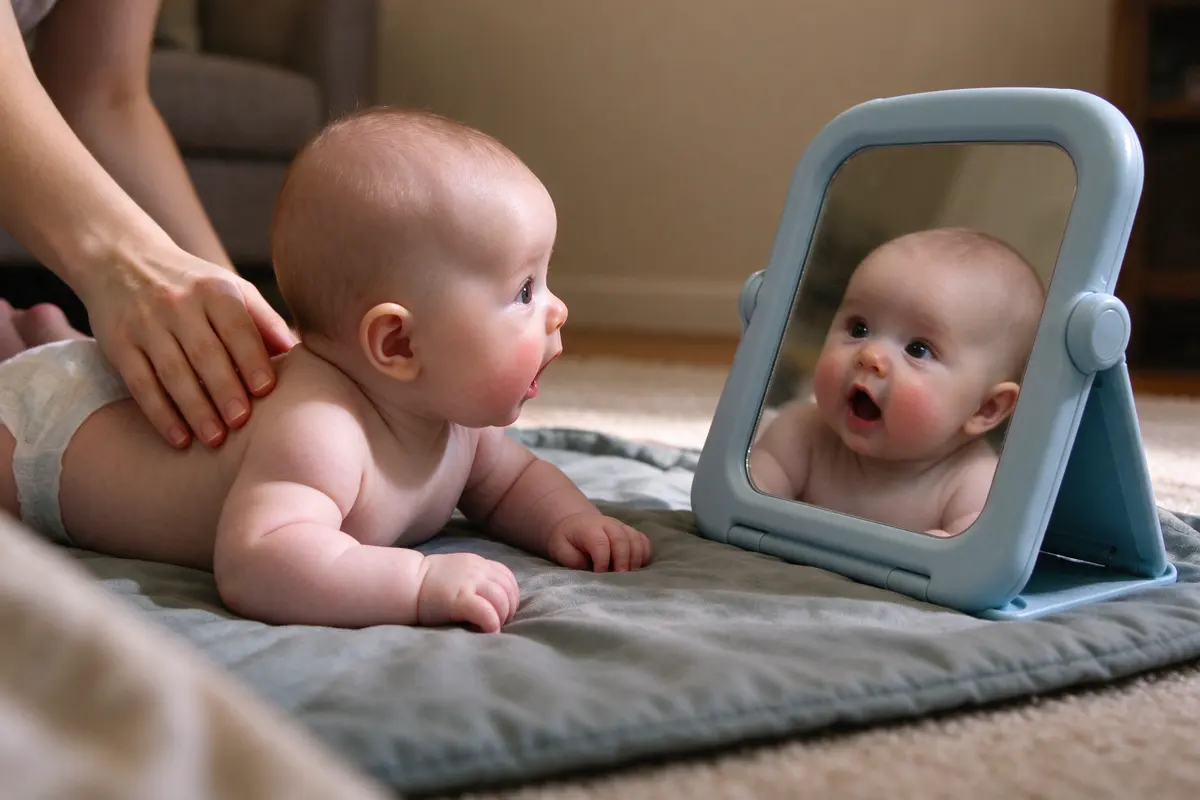 The baby on their tummy on a play mat in front of a propped unbreakable baby mirror, pushed up on forearms, mouth open at the reflection, the mother's hand resting on their back.
