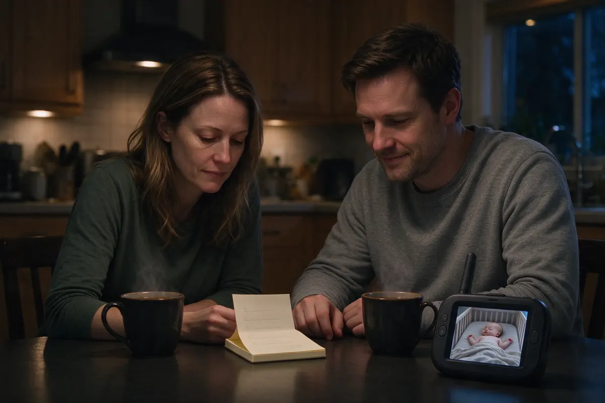 Both parents at the kitchen table after dark, a notepad between them with a short list, mugs of tea, the baby monitor showing the baby asleep on their back in the bare crib.