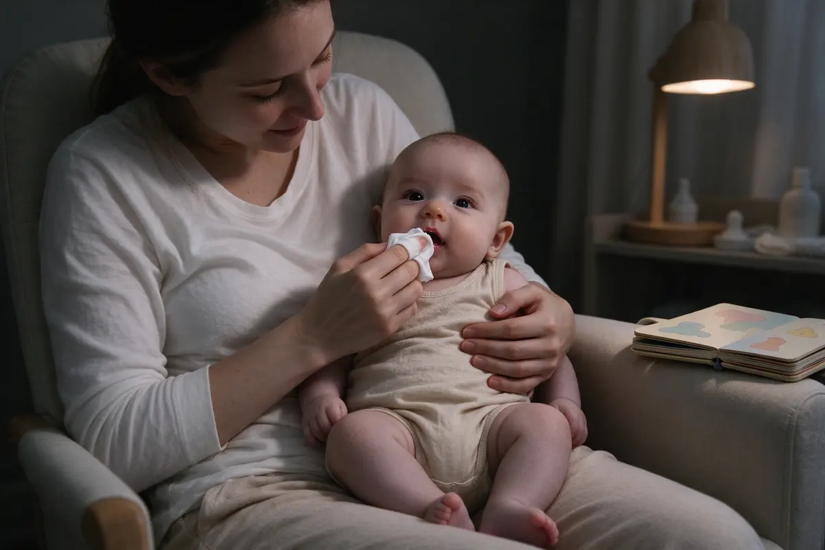 The mother on the nursery chair with the baby on her lap, wiping the baby's gums with a soft damp cloth wrapped around her finger, a board book open on the arm of the chair.
