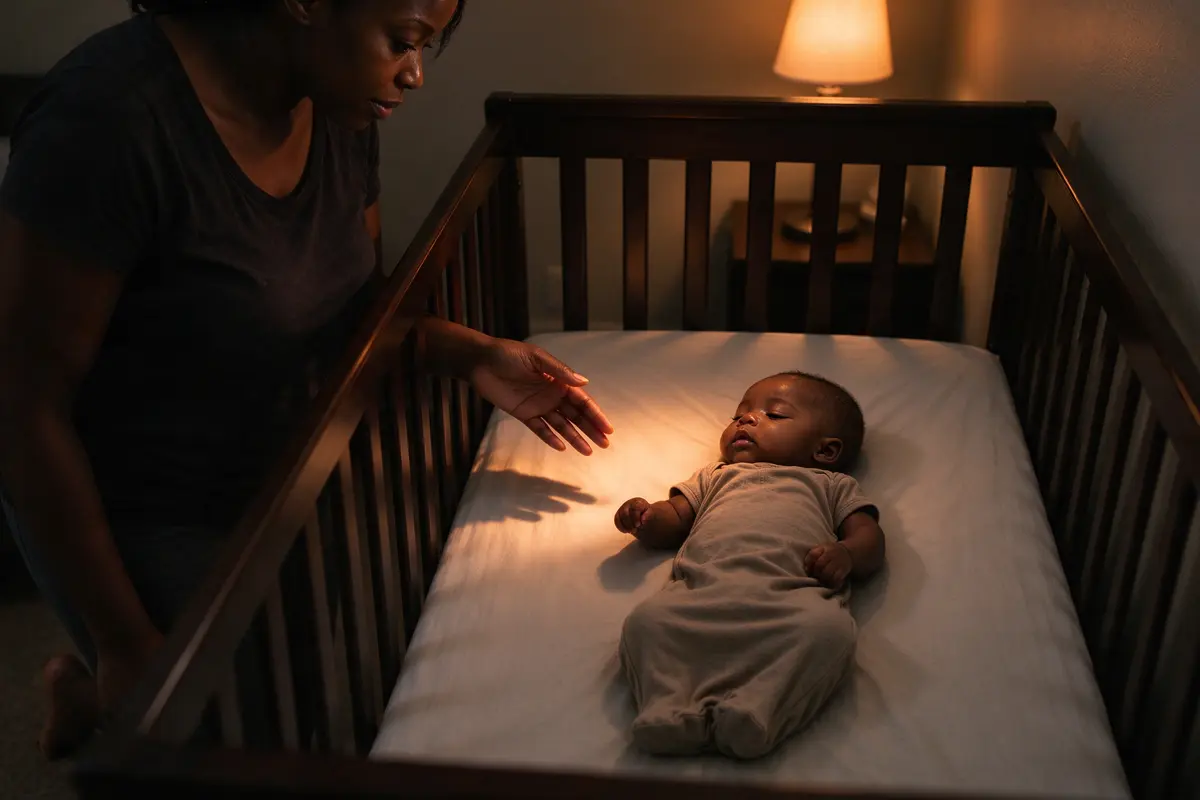The mother stepping back from the crib rail with her hand still extended, the baby's eyes half closed on the fitted sheet, a dim lamp and nothing else in the crib.