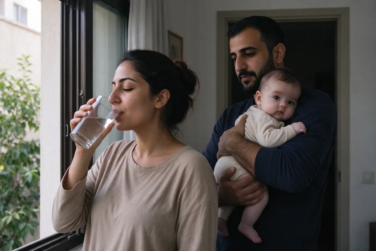 The mother standing at an open window drinking a glass of water with her eyes closed, the father in the doorway behind her holding the baby against his shoulder.