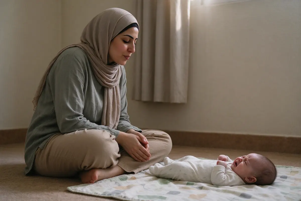 The mother sitting back on her heels a foot from the mat, hands in her lap, humming with lips closed, the baby's crumpled face turning toward her voice.