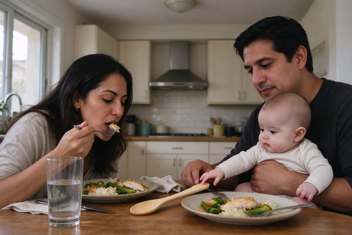 The mother at the kitchen table with a full plate and a tall glass of water, eating, the baby on the father's lap across from her reaching for a wooden spoon.