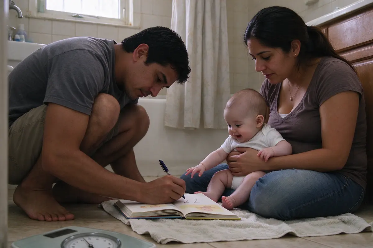 The father crouched by the scale writing two numbers in a baby book, the mother beside him on the bath mat with the baby on her lap grabbing at the pen.