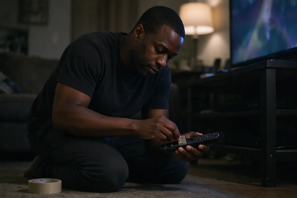 The father kneeling by the TV stand at night, taping the battery cover of a remote shut, a roll of tape beside him and the baby asleep off-frame in the next room.