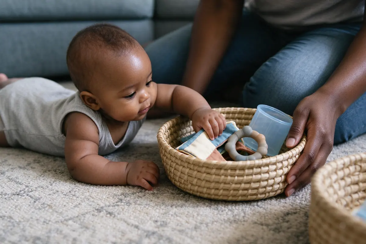 The baby on their tummy on the rug, one hand in a shallow basket holding a cloth book, a rubber teether, and a plastic cup, the mother's hand steadying the basket.