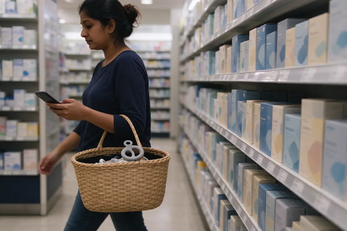 The mother at a pharmacy shelf of teething gels and tablets, phone in hand, walking past them with a plain rubber teether in her basket.