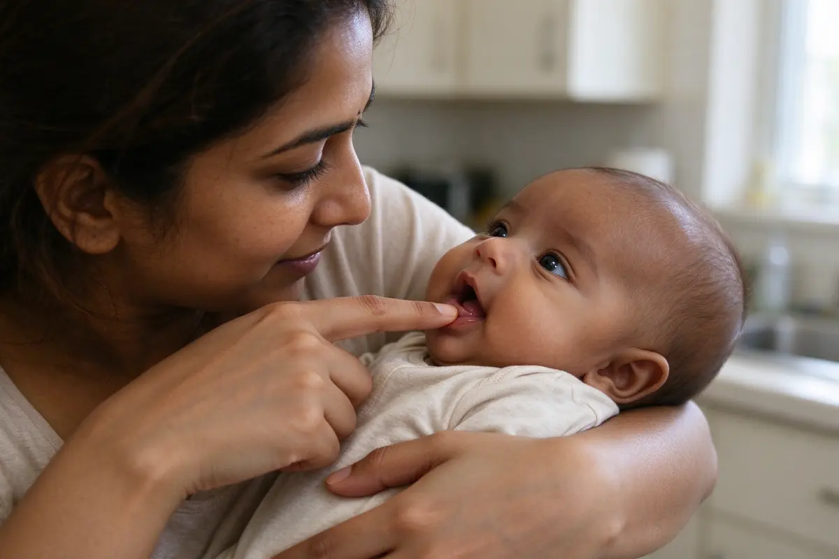 Close on the mother's clean index finger resting on the baby's lower gum, the baby's mouth open and eyes on her face, her other arm around the baby's chest.