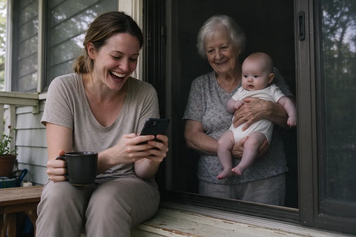 The mother on the porch step with a mug, laughing at something on her phone, the grandmother inside holding the baby at the window behind her.