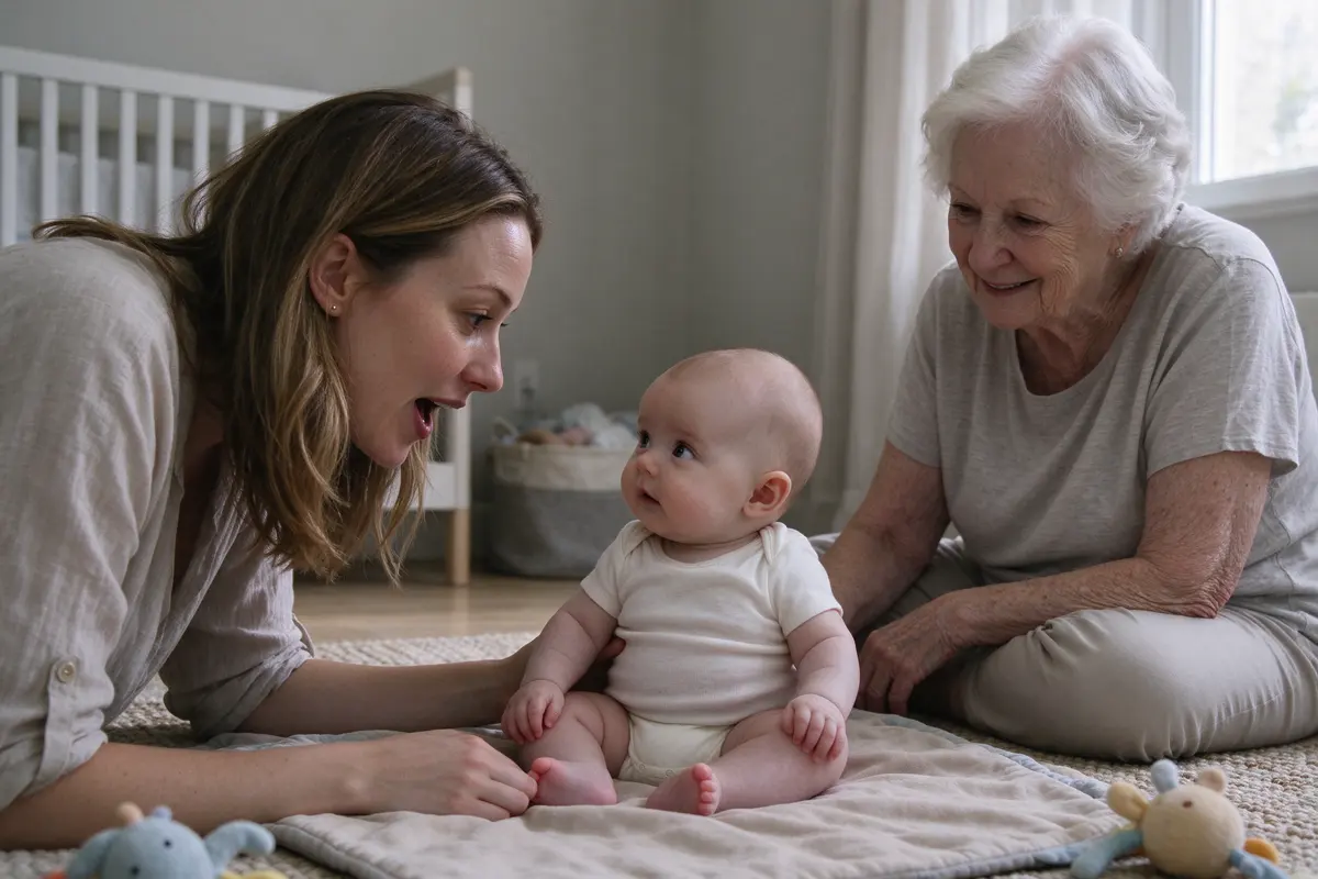 The mother leaning in from the baby's left side, mouth open mid-word, the baby's eyes swinging toward her while the grandmother watches from the other side.