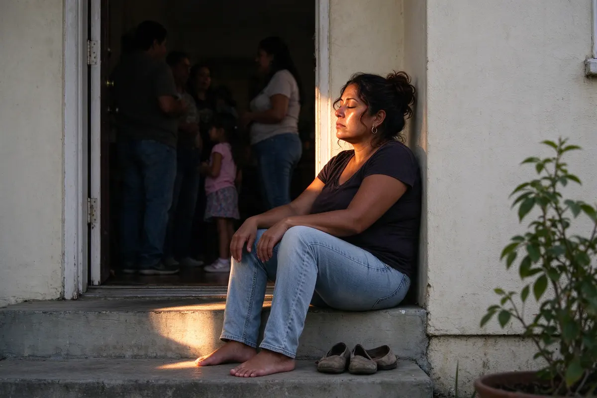The mother alone on the back step after the visit, shoes off, eyes closed in the late sun, the front door open behind her with voices inside.