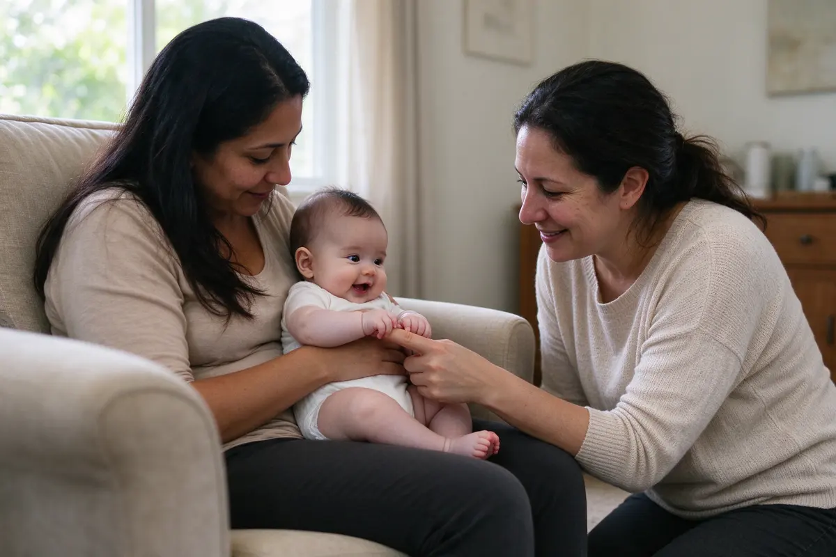 The aunt now kneeling an arm's length away, offering one finger, the baby gripping it from the mother's lap with a small open-mouthed smile.