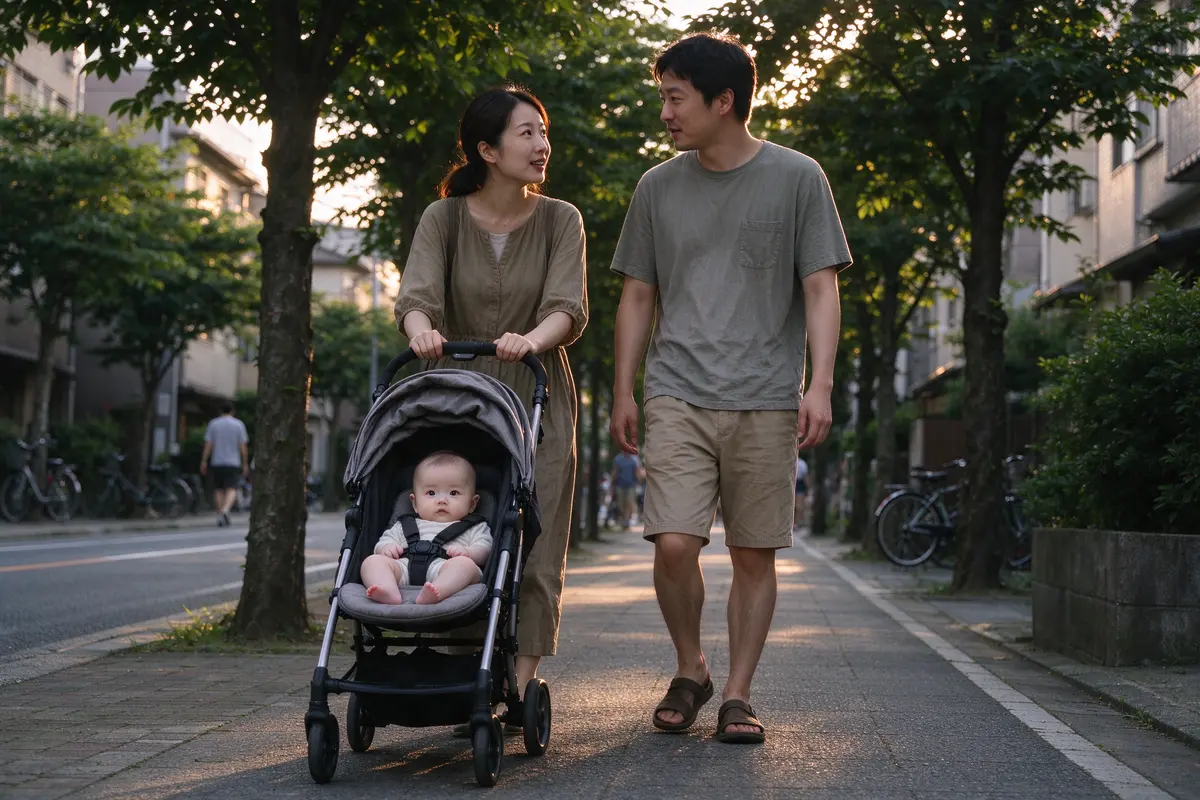 The mother pushing a stroller with its canopy down along a tree-lined sidewalk in late afternoon, the father beside her carrying nothing, both talking.