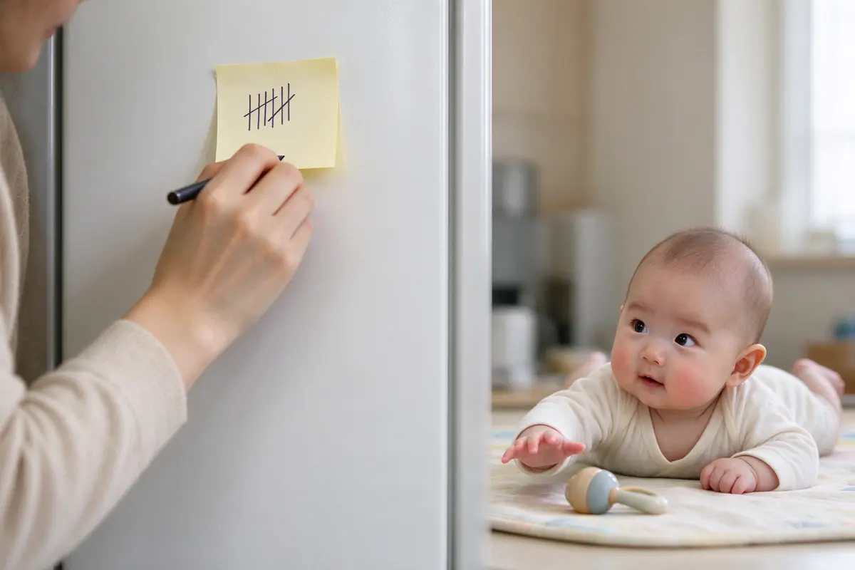 A sticky note on the fridge with tally marks and times in pen, the mother's hand adding a mark, the baby visible on the mat behind her reaching for a rattle.
