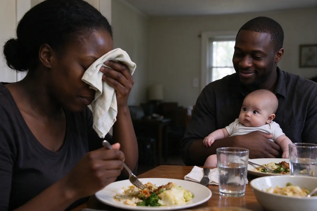 At the dinner table, the mother eating with one hand and holding a napkin over her eyes with the other, the baby on the father's lap across from her, staring at the napkin.