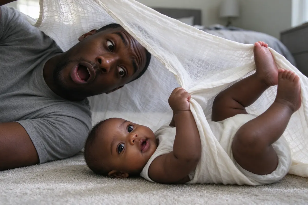 The cloth half pulled away in the baby's fist, the father's face appearing underneath with his mouth open in a mock gasp, the baby's whole body kicking.