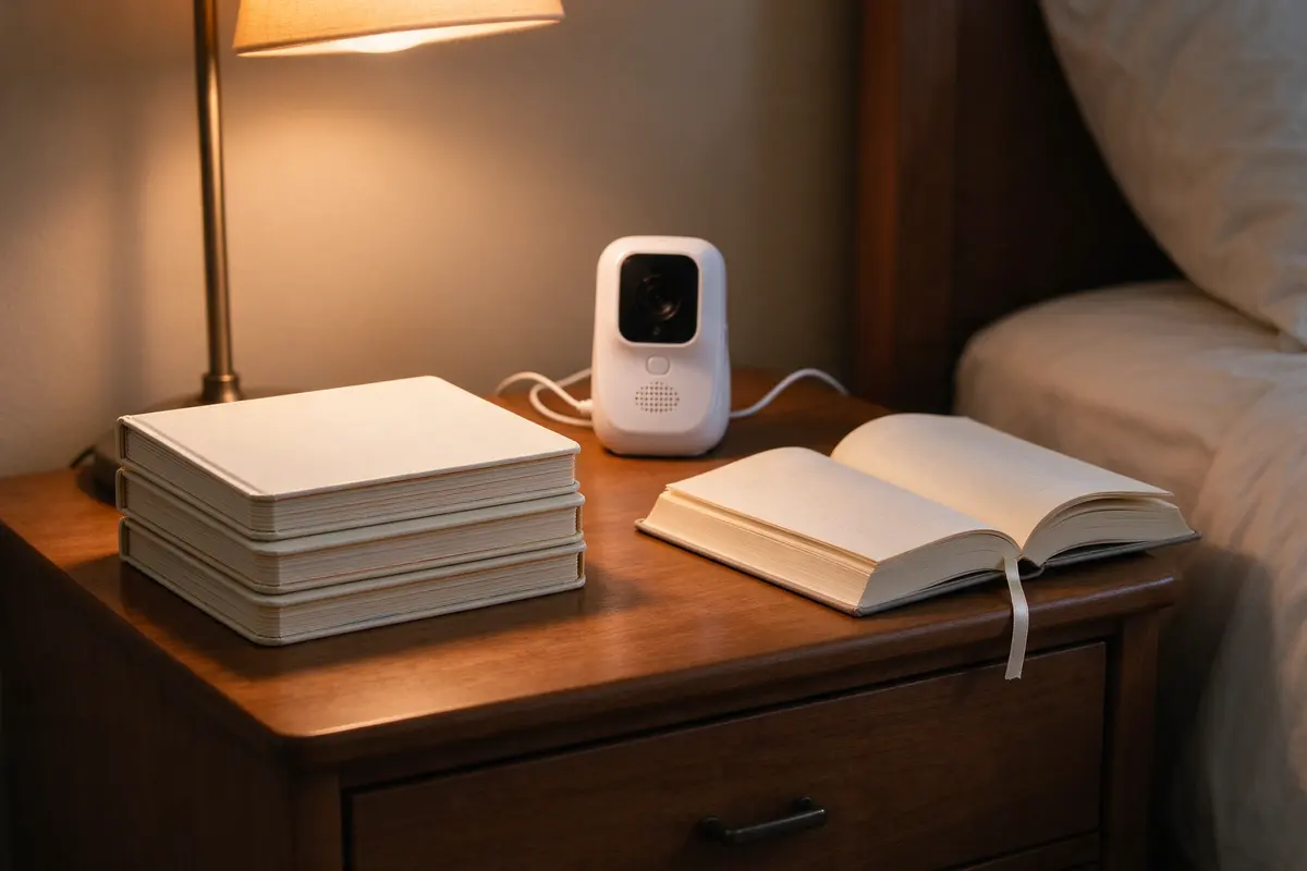 The same three board books stacked on a nightstand beside a baby monitor and a half-finished paperback with a bookmark, lamplight, no one in frame.