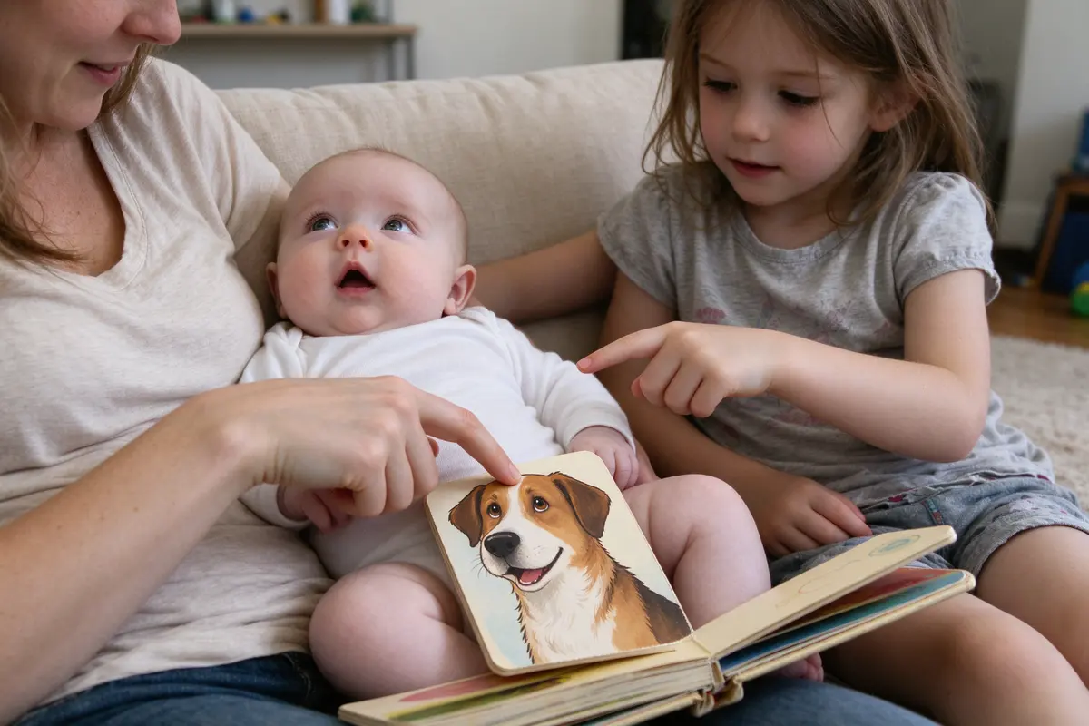 The mother's finger on a picture of a dog, the baby's eyes on her finger and mouth open, the older child pointing at the same picture from the other side.