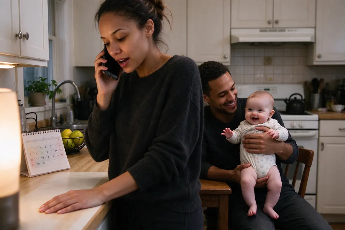 The mother on the phone at the counter with a calendar open, her free hand on her lower belly, the father bouncing the baby on his lap at the table behind her.