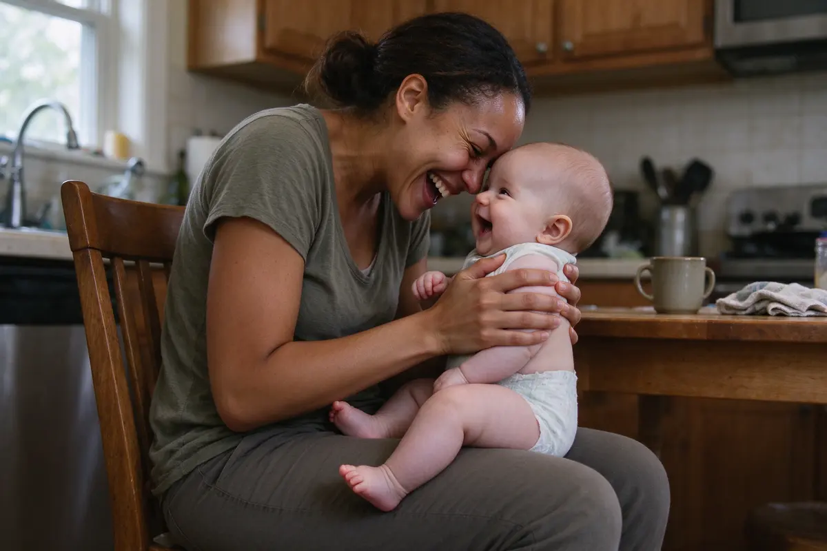 The mother's face inches from the baby's at the end of the song, both laughing, her hands wrapped around the baby's chest and the baby's toes curled on her leg.