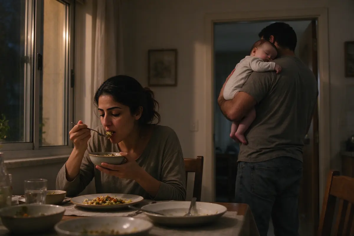 The mother alone at the cleared table afterward, eating a second helping slowly with both hands free, the baby asleep on the father's shoulder in the doorway.