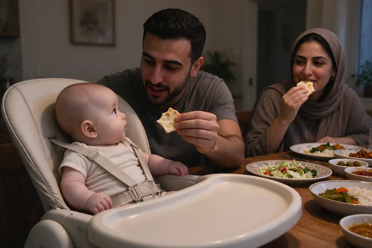 The baby in the high chair turning toward the father, who holds up a piece of bread and names it, the mother across the table mid-bite, plates full.