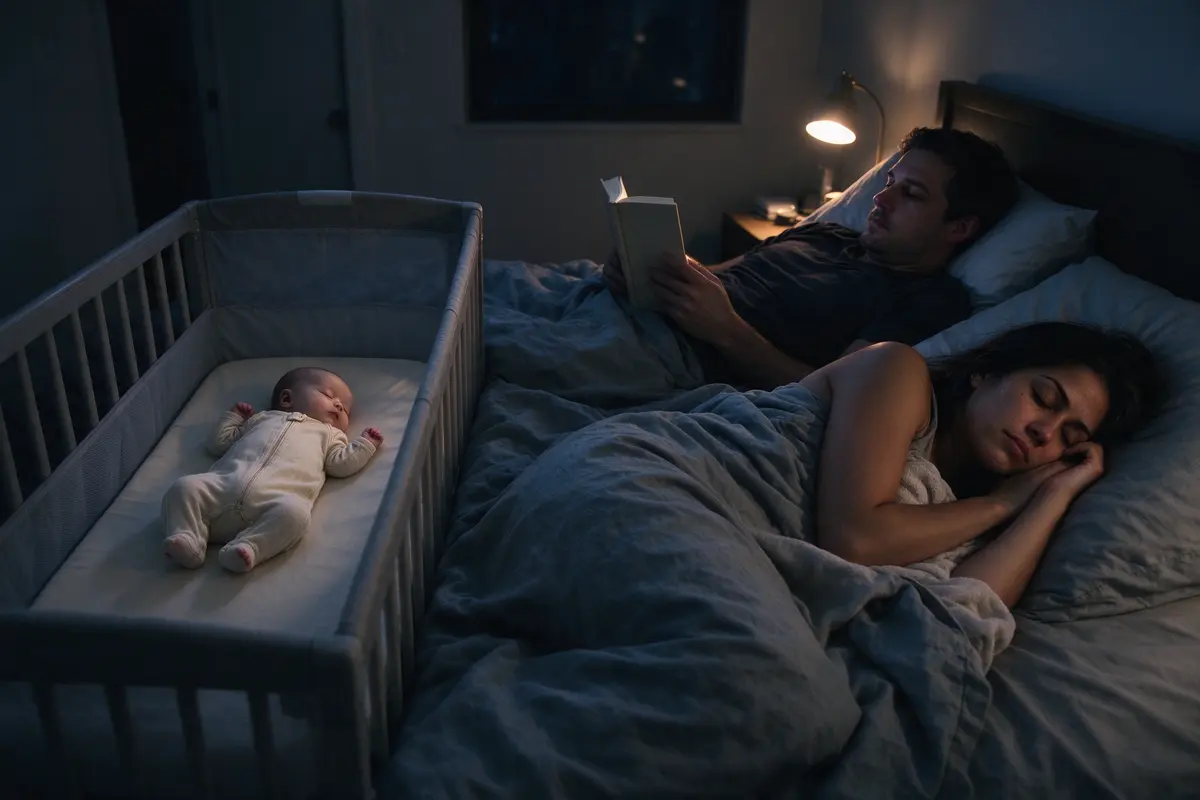 The parents' bedroom at night, the crib against the wall an arm's length from the bed, the mother asleep on her side facing it and the father reading by a dim lamp.