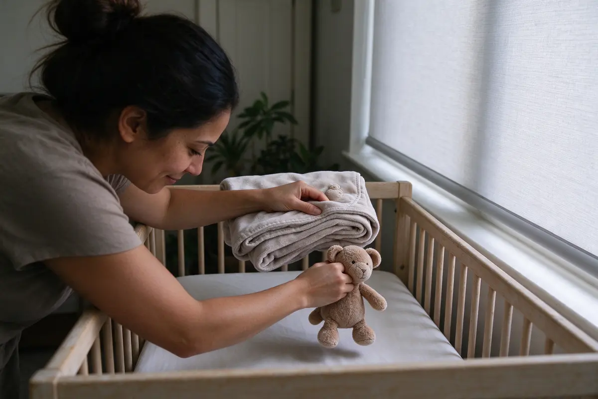 The mother's hands lifting a folded blanket and a stuffed animal out of the crib in daylight, the fitted sheet smooth, a cordless shade in the window behind.