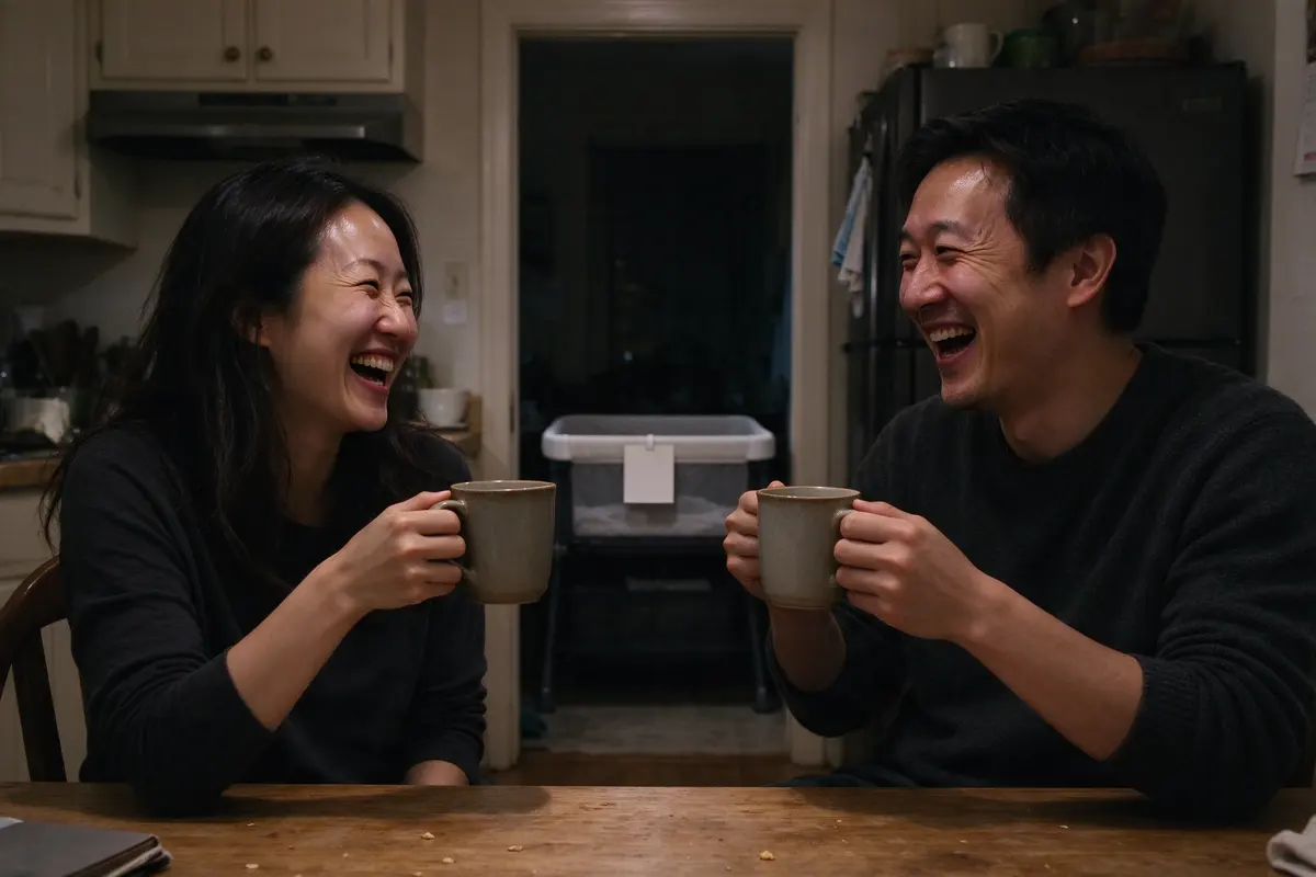 The mother and father at the kitchen table at night, a handwritten note that says nothing legible taped to the changing-table rail visible through the doorway, both laughing over coffee mugs.
