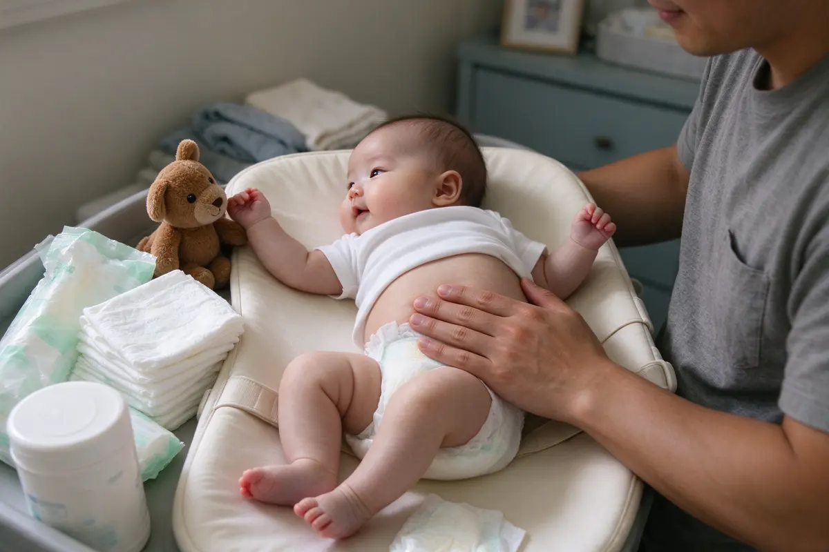 The father's hand resting on the baby's belly mid-change, diapers and wipes lined up within reach on the table, the baby twisting toward a toy with a half-roll onto one hip.