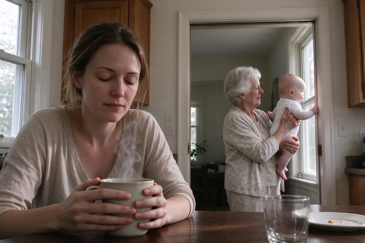 The mother sitting alone at the kitchen table with both hands around a hot mug, eyes closed, the grandmother visible in the next room holding the baby up to the window.