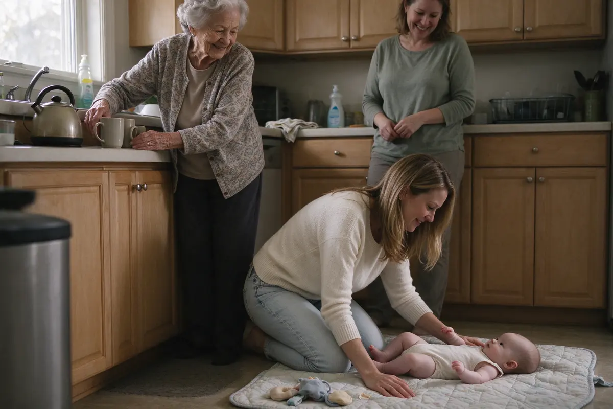 The mother's grandmother sliding a kettle and two mugs to the far side of the counter, handles turned inward, while the mother kneels on the floor beside the baby on the mat.