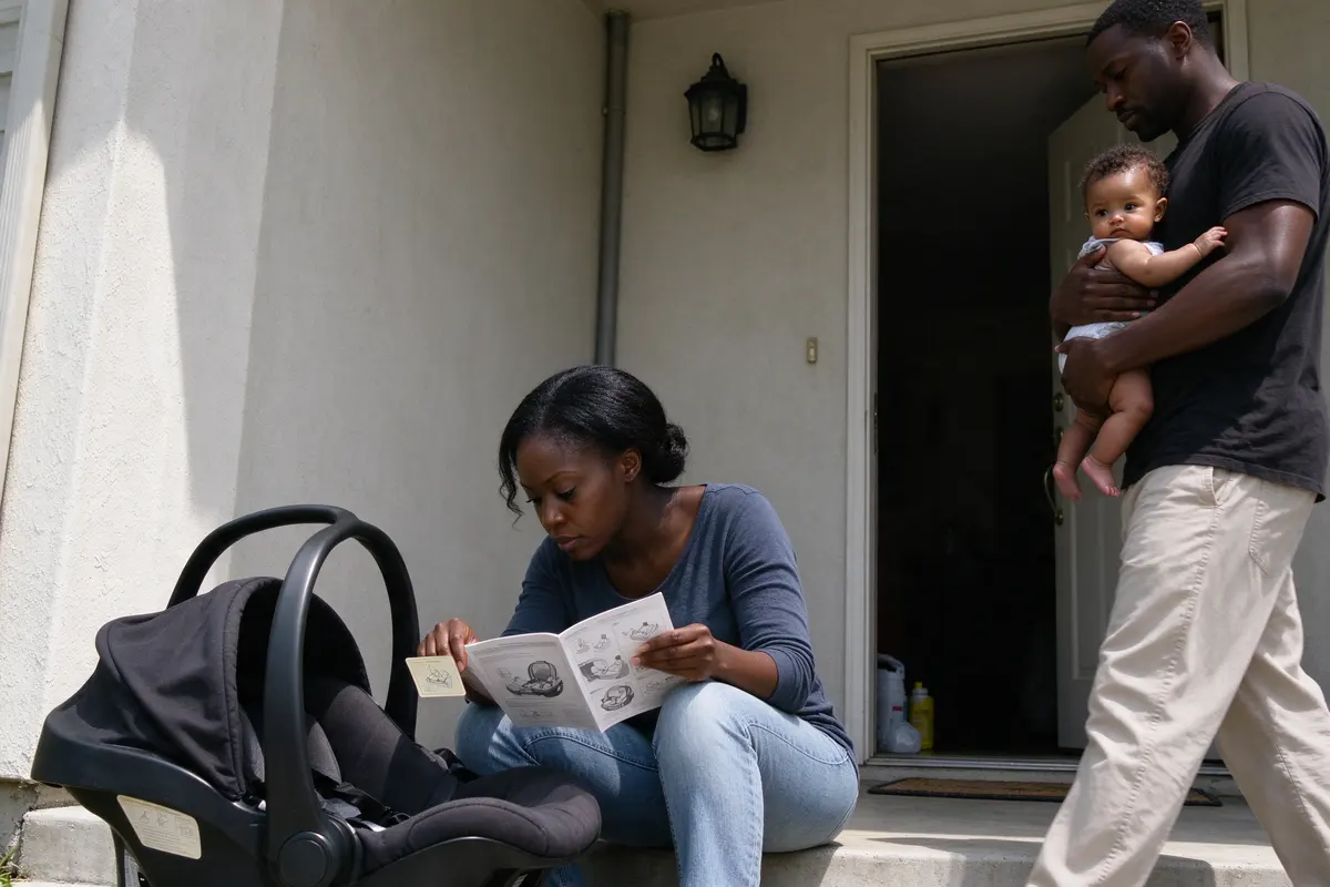 The mother sitting on the back step of the house reading the car seat's sticker label with the manual open on her knee, the father carrying the baby past her toward the front door.