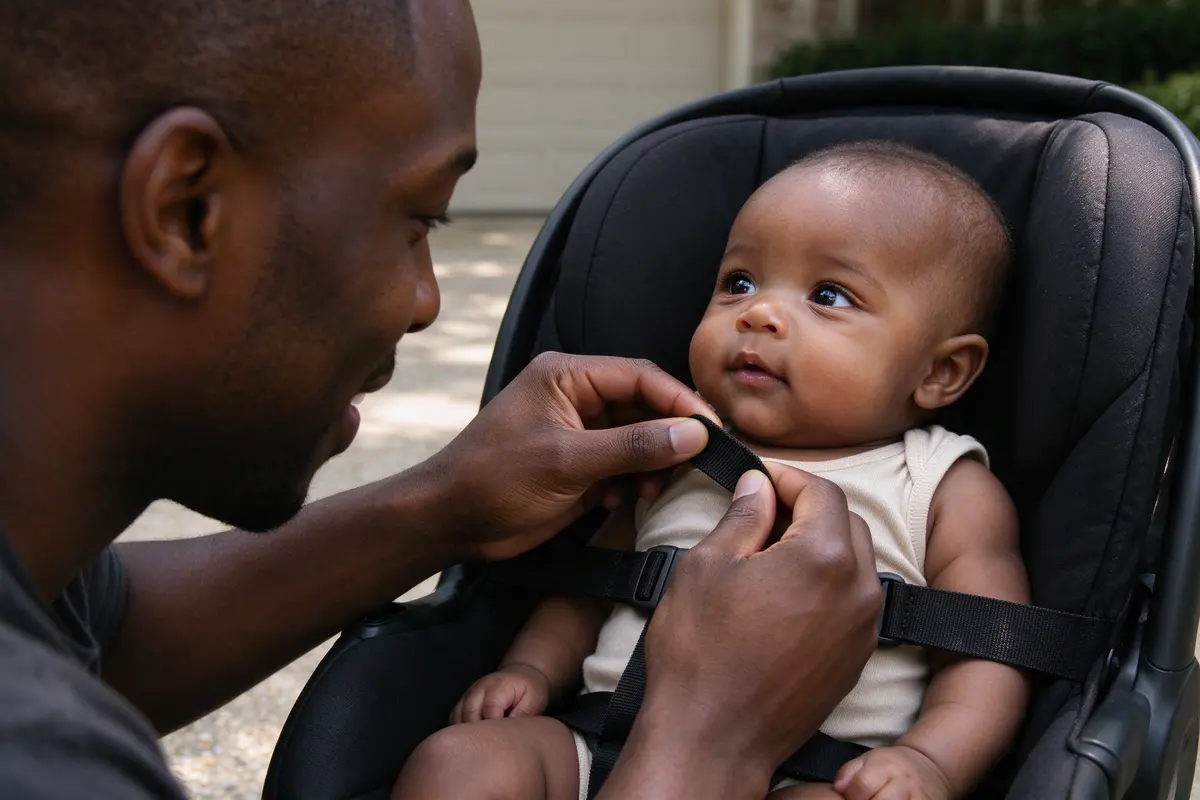 Close on the father's thumb and finger pinching the harness strap at the baby's collarbone, the chest clip level with the armpits, the baby looking up at him.