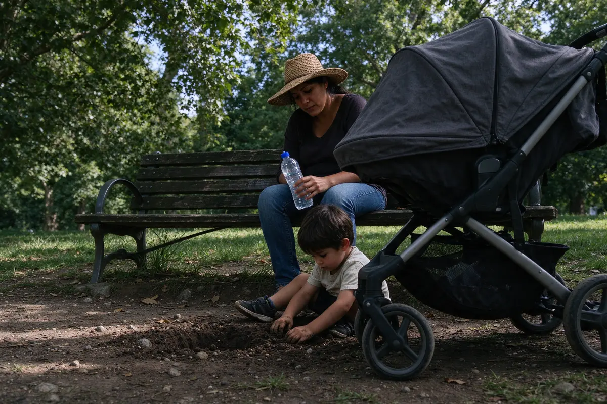 The mother on a shaded park bench afterward in her own wide-brimmed hat, a water bottle in hand, the stroller parked in shade beside her and the brother digging in the dirt at her feet.